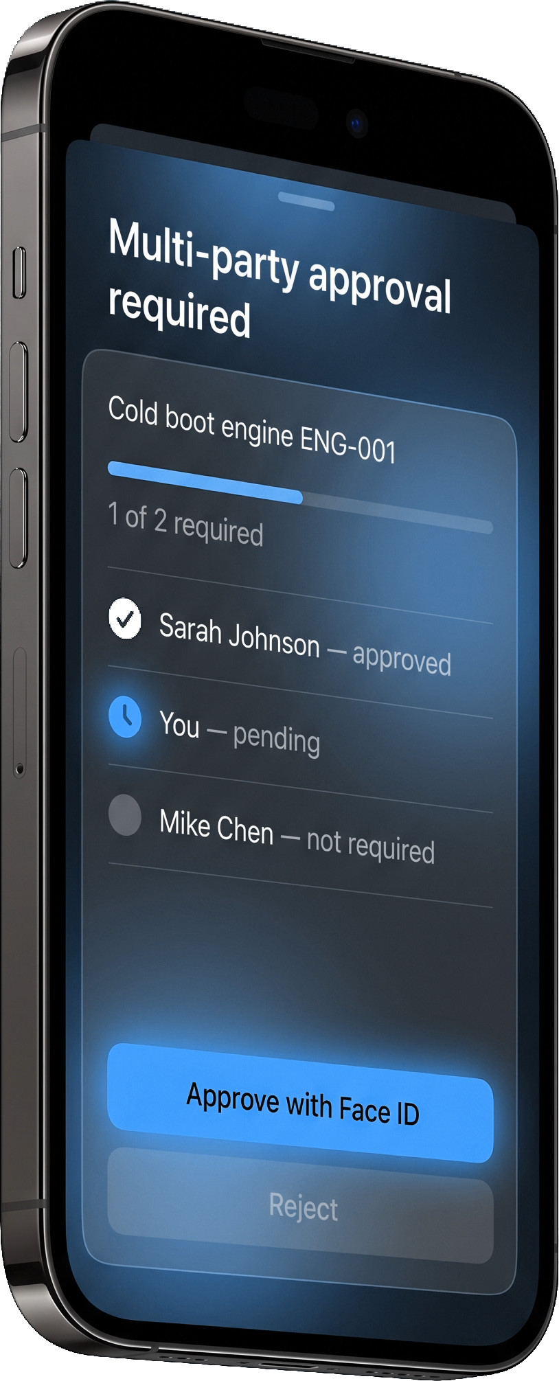 Phone showing multi-party approval UI with Sarah Johnson approved, user pending, and Mike Chen not required