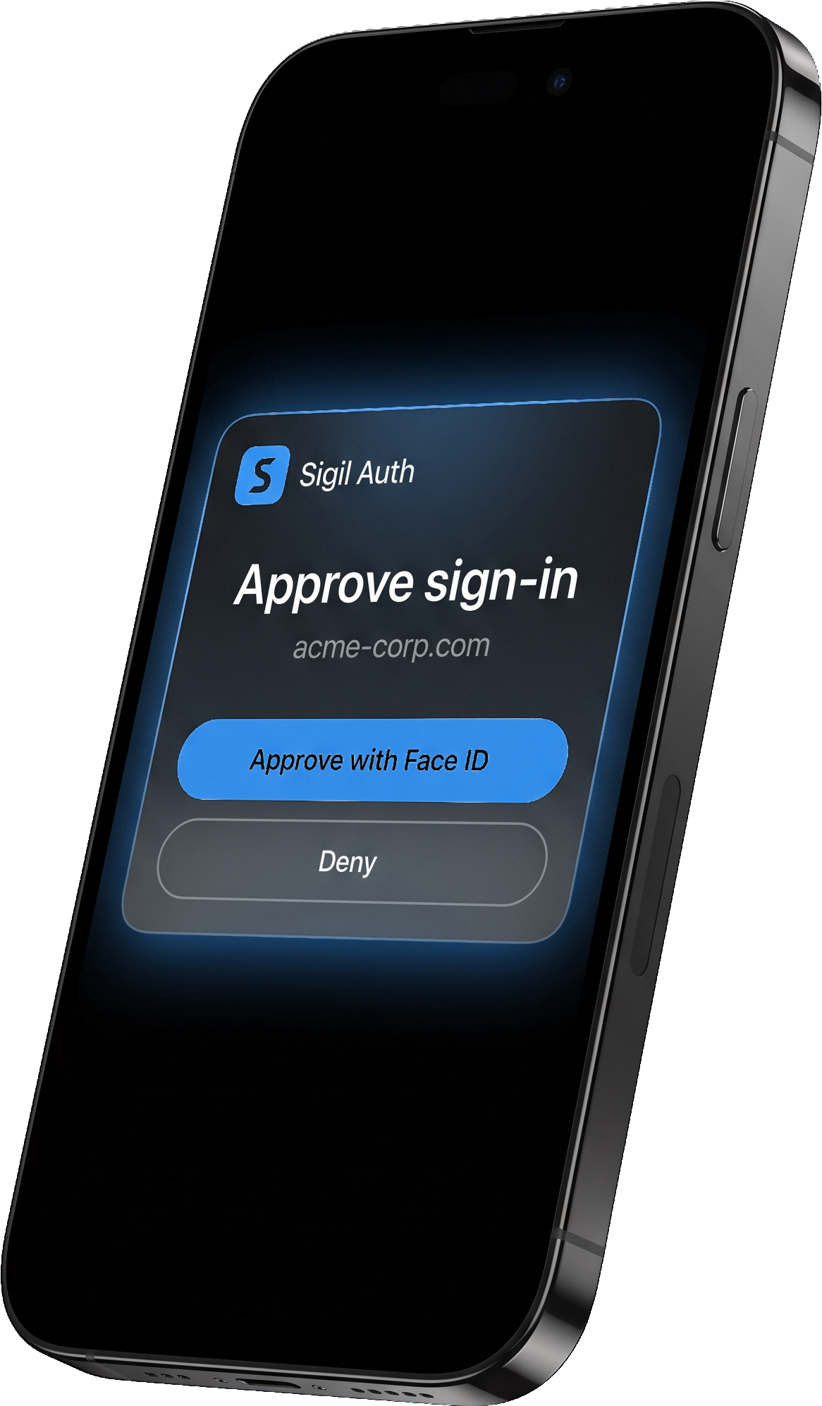 Phone showing a Sigil Auth push notification to approve sign-in, with a glowing Approve with Face ID button